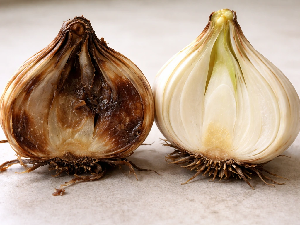 Close-up cross-section of rotted versus healthy lily bulbs showing soft damaged tissue and firm layers.