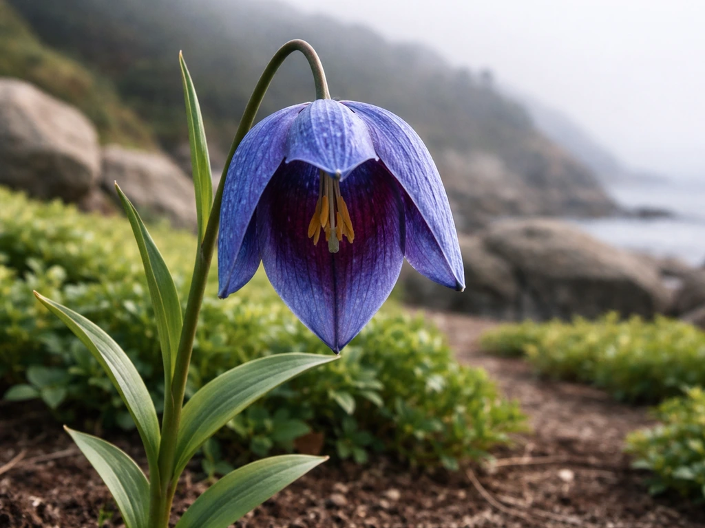 Close-up of a blooming blue heart lily in natural coastal soil with blurred native greenery behind it.