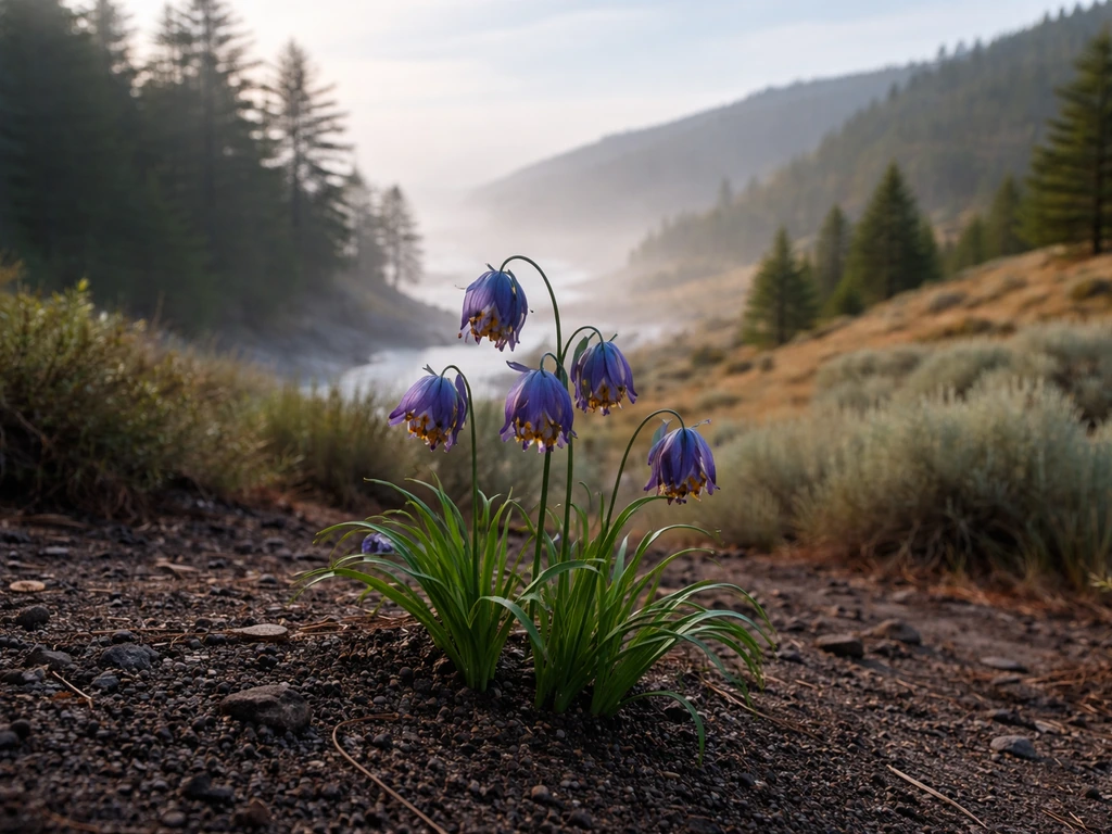 Blue fritillaria flowers with blurred coastal and inland Pacific Northwest landscapes in the background.