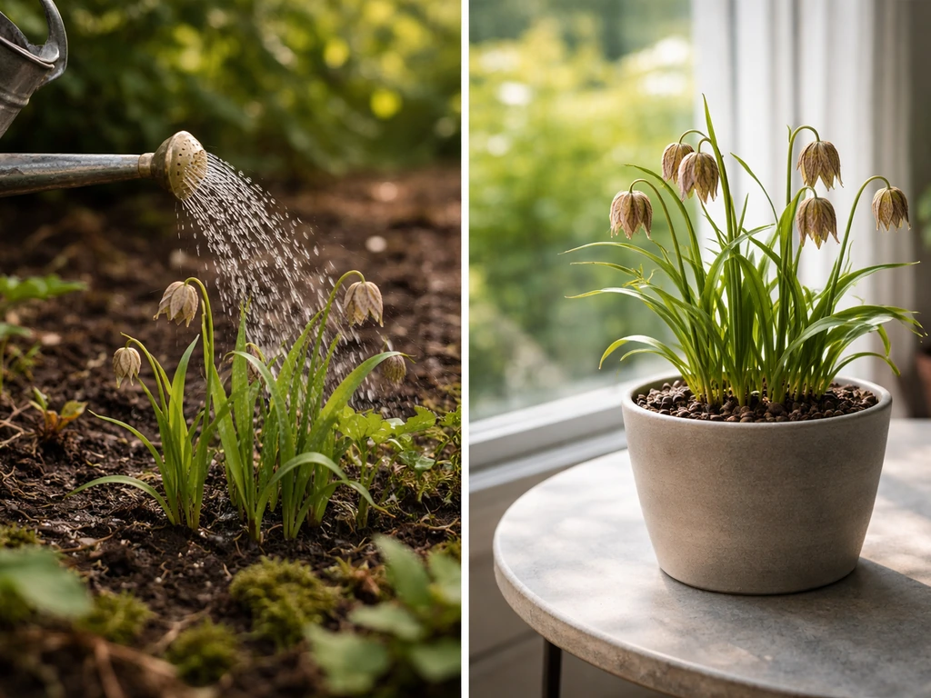 Side-by-side outdoor part-shade watering can and indoor potted plant under bright indirect light.