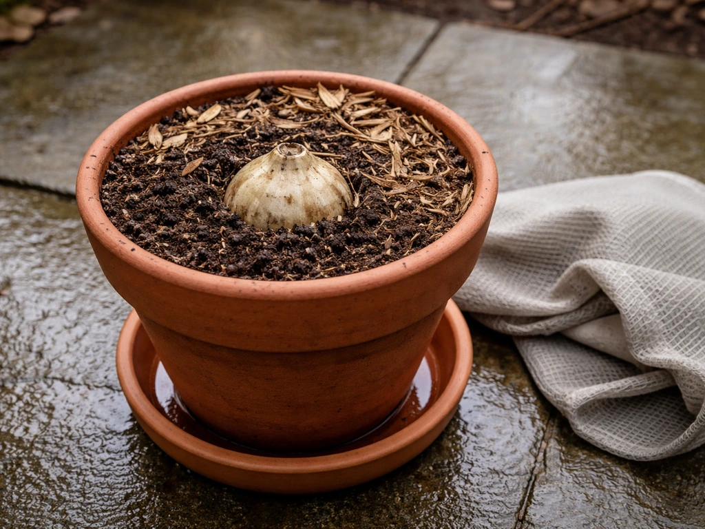 Fritillaria bulb planted in a draining pot on a patio, covered for dormancy.