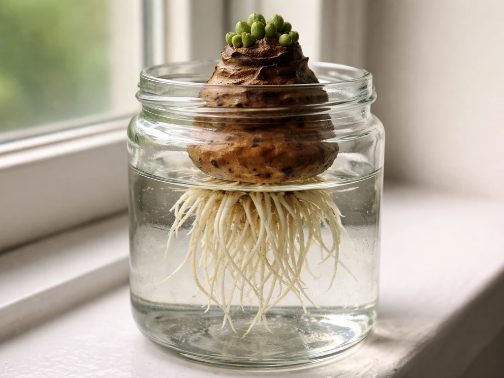 Calla corm in a clear jar with only the roots submerged and the crown above waterline.