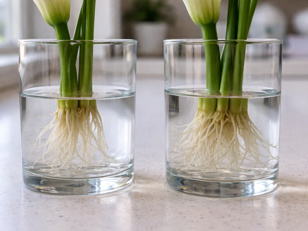 Two clear glass containers with calla lily roots just reaching water vs crown submerged in deeper water