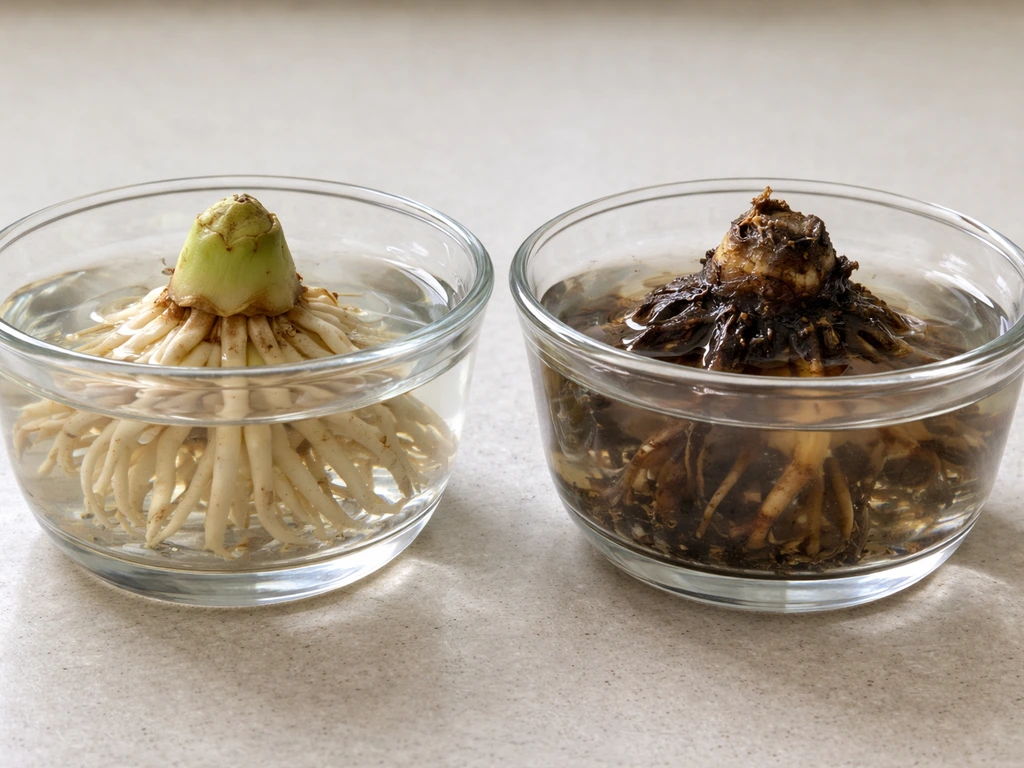 Close-up of a healthy calla root beside a mushy, rotting root with rot near the crown in water