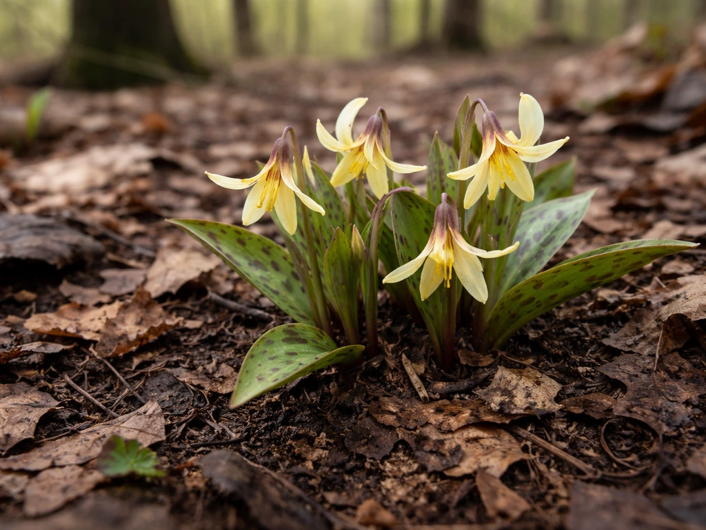 Trout lilies emerging from leaf-litter in a shaded woodland floor with soft spring light