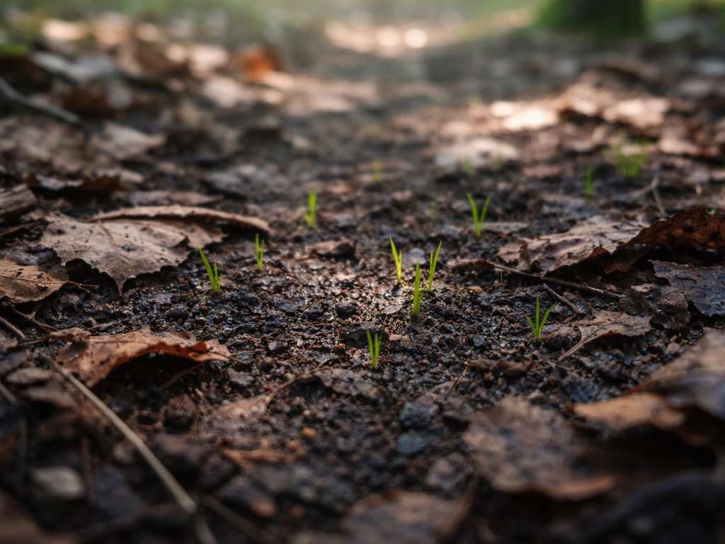 Close-up of cool moist forest soil under leaf litter with dappled spring shade