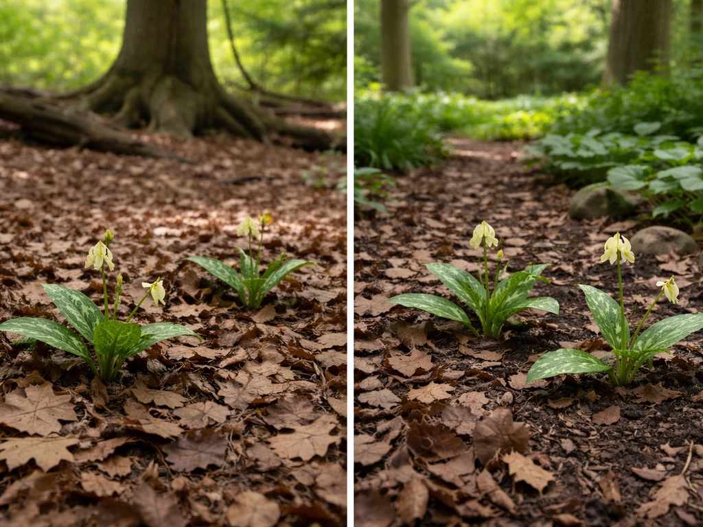 Two small patches of trout lilies: one among leaf litter in a forest, one in a shaded garden border.
