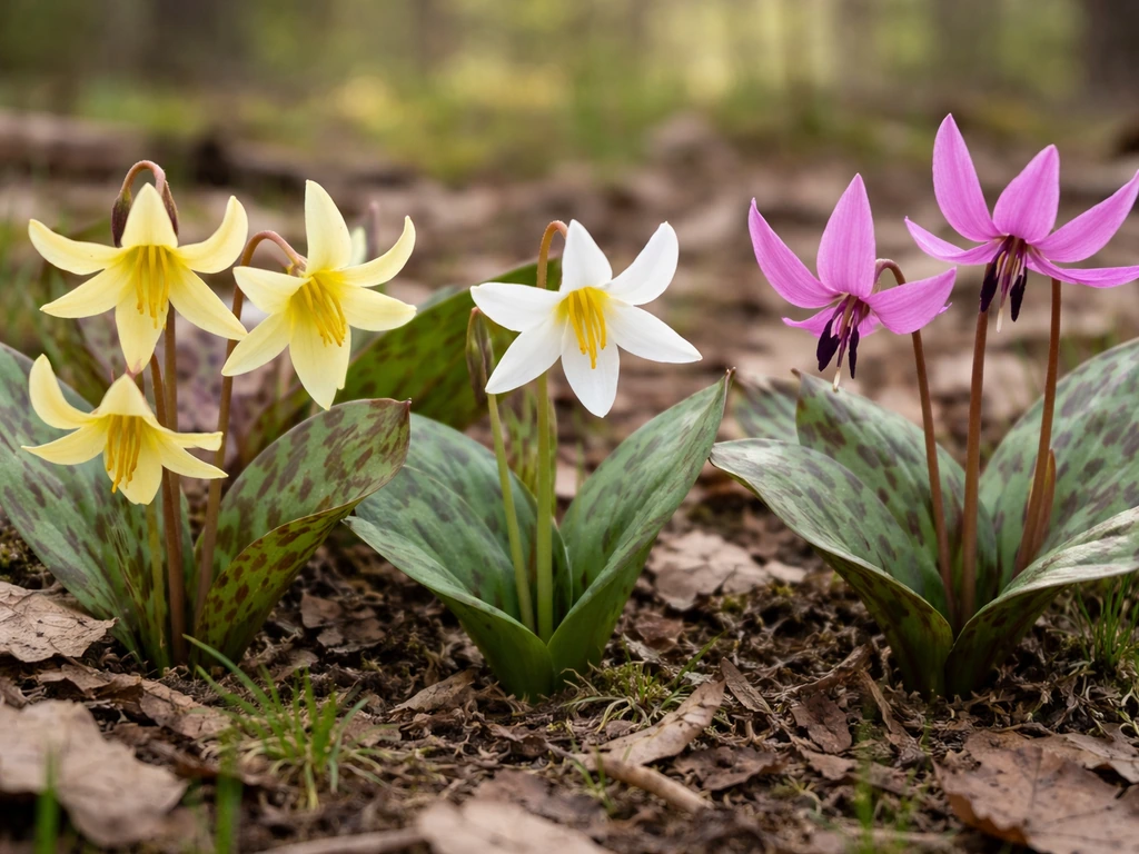 Close-up of early-spring trout lily blossoms and similar look-alike flowers in a natural woodland patch.