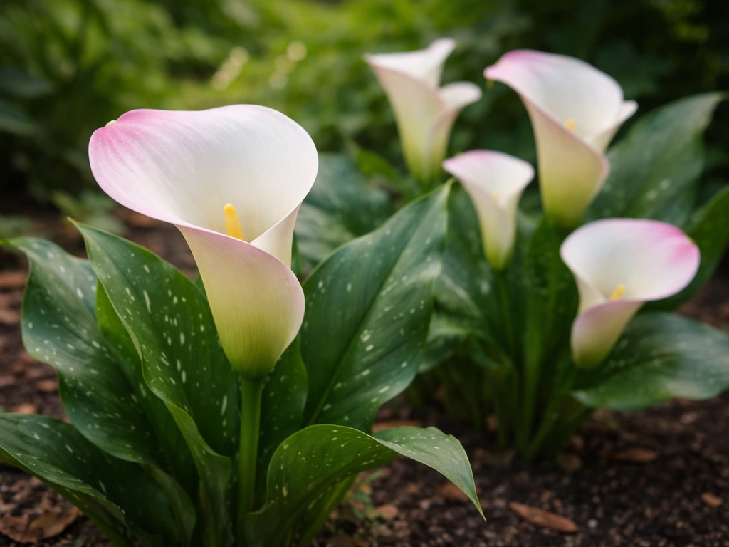 Vibrant white calla lilies growing in a Florida garden with lush green foliage in partial shade.