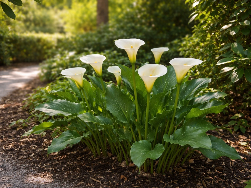 Vibrant calla lilies in partial shade in a warm Florida garden with lush green leaves and soft sun