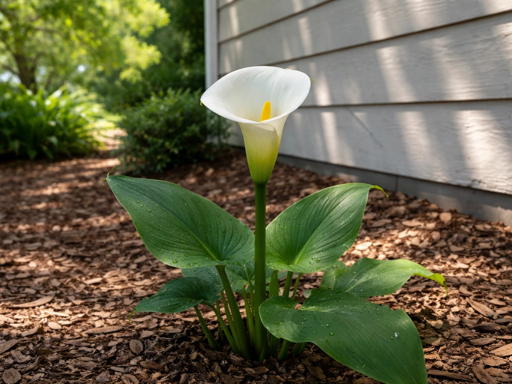 White calla lily in dappled shade beside a house, with mulch and tree canopy casting sunlight patches.