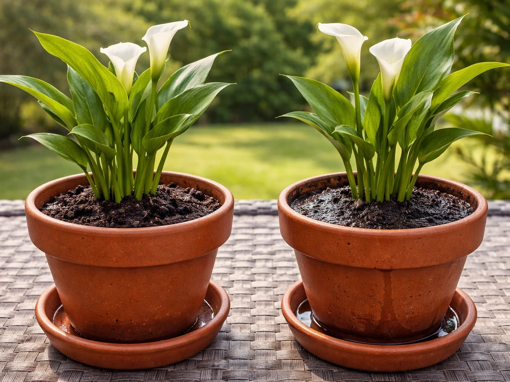 Two calla lily pots side by side showing healthy damp soil versus waterlogged soggy soil.