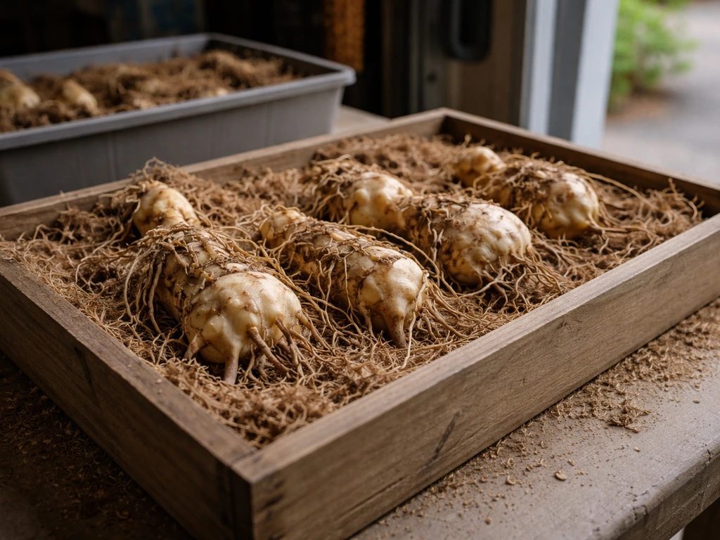 Calla lily rhizomes in a small crate with cool, shaded storage setup for overwintering