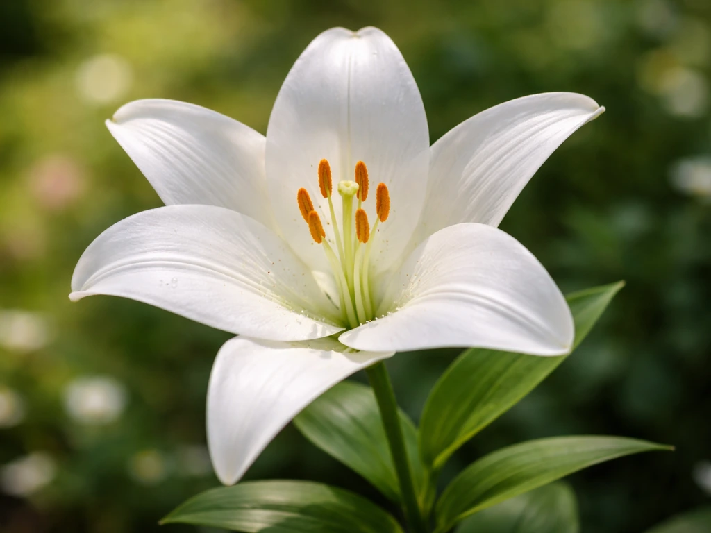Close-up of a white lily in full bloom with soft petals and green leaves in natural light.
