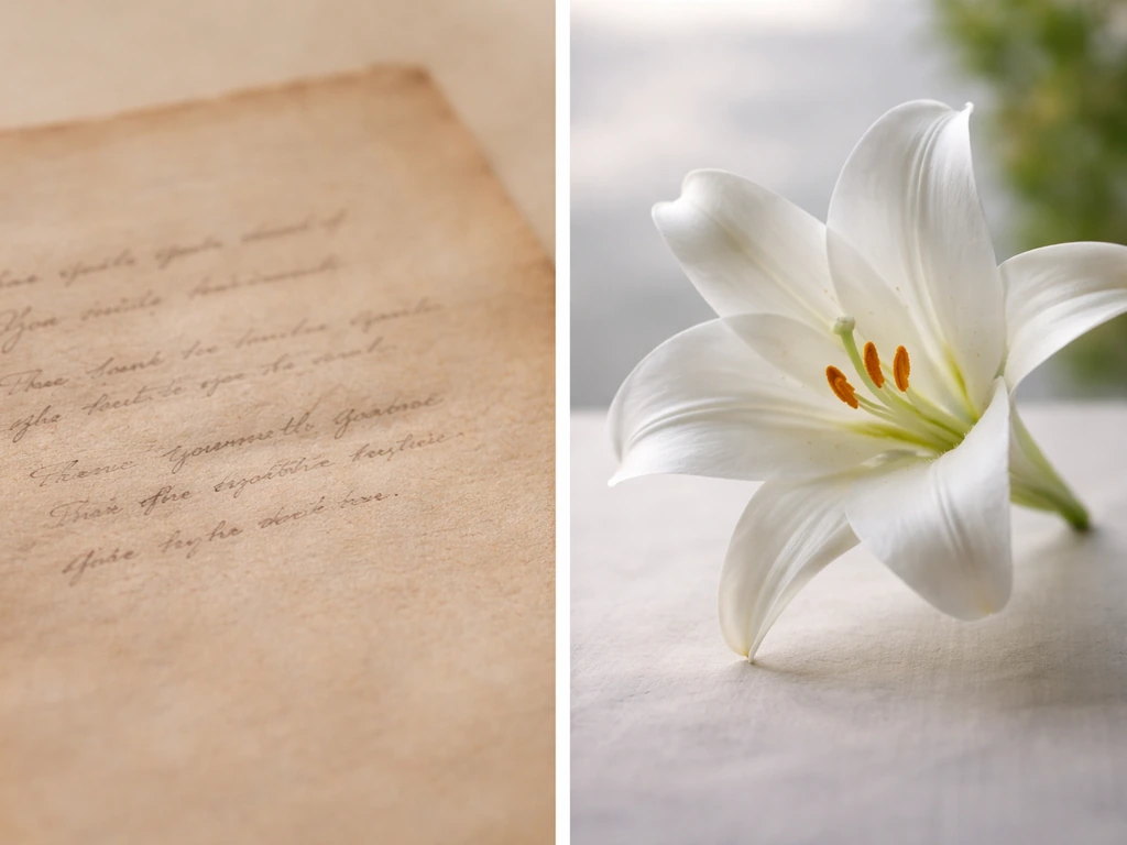 Side-by-side: unreadable parchment-like lines and a single white Madonna lily bloom silhouette.