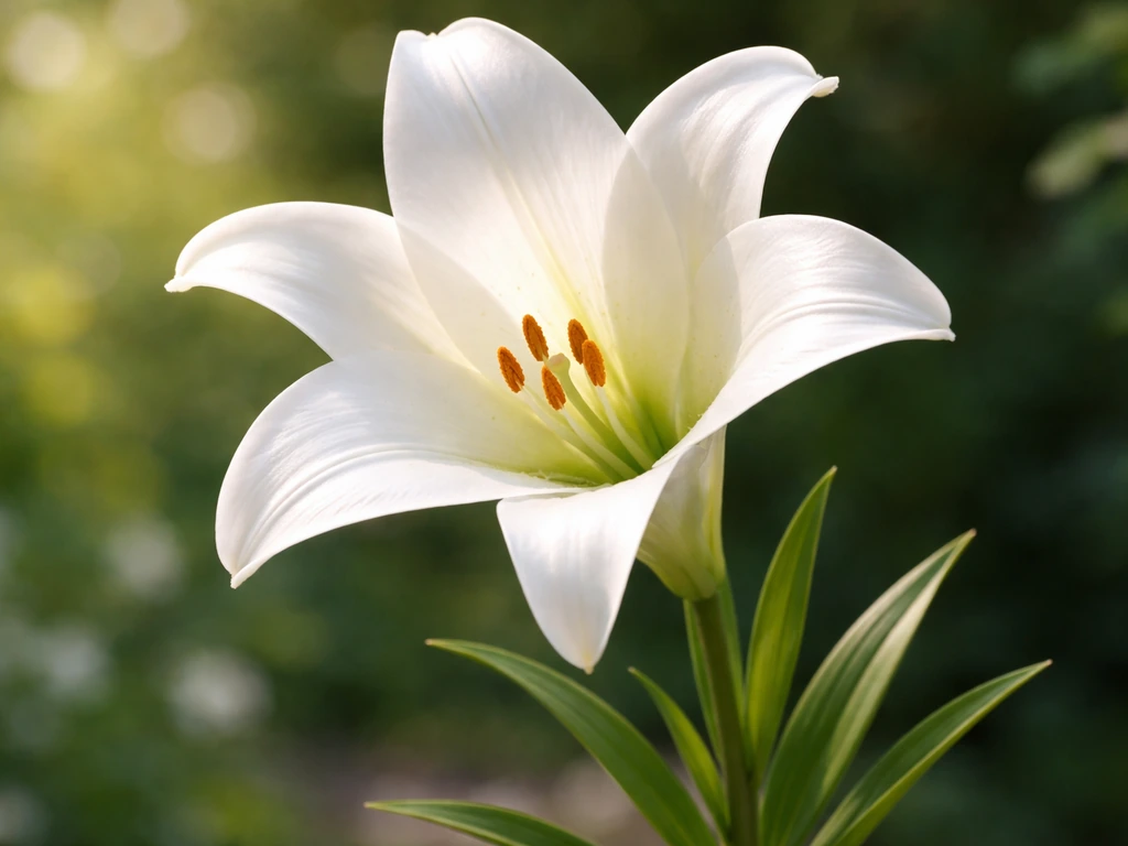 Close-up of a pure-white Madonna lily bloom and green foliage in soft natural light