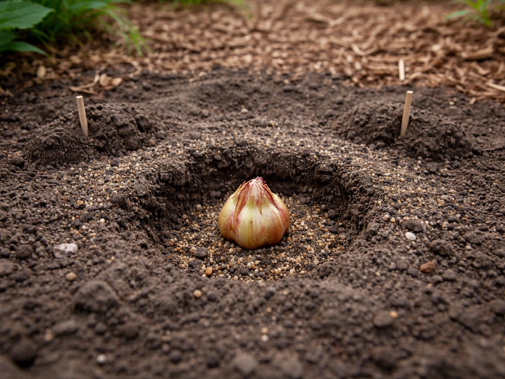 True lily bulb planted at correct depth in well-draining soil with coarse sand/grit and mulch in a garden bed.