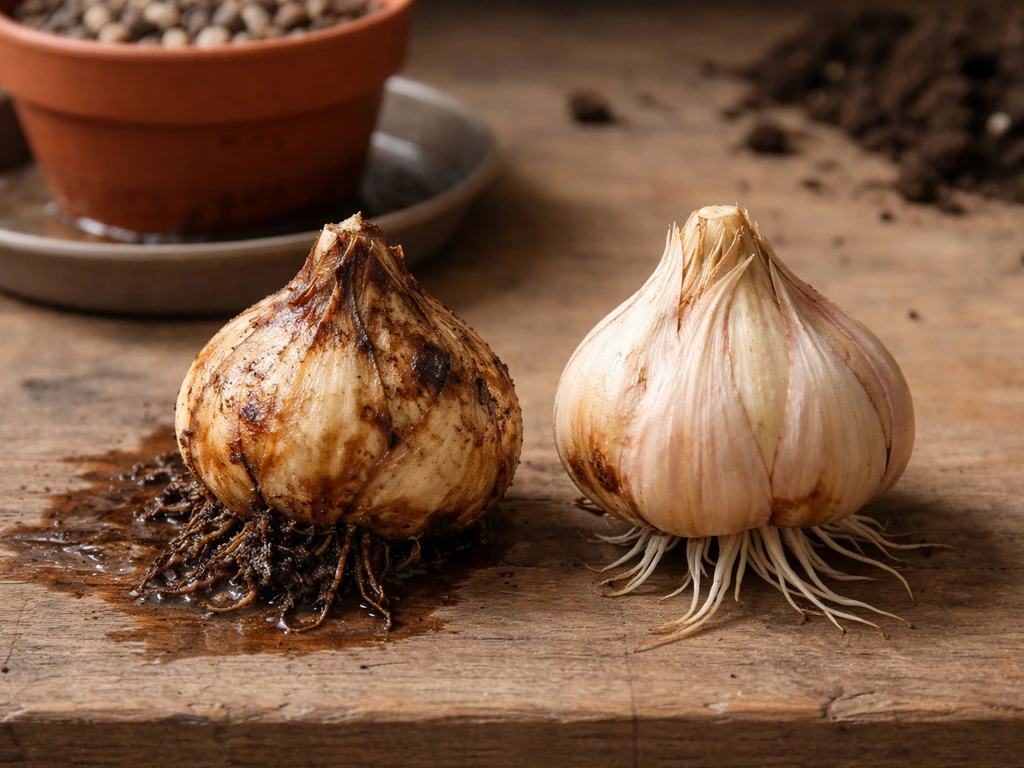 Close-up of a true lily bulb with soft mushy rot beside a firm healthy bulb and damp soil drainage setup.