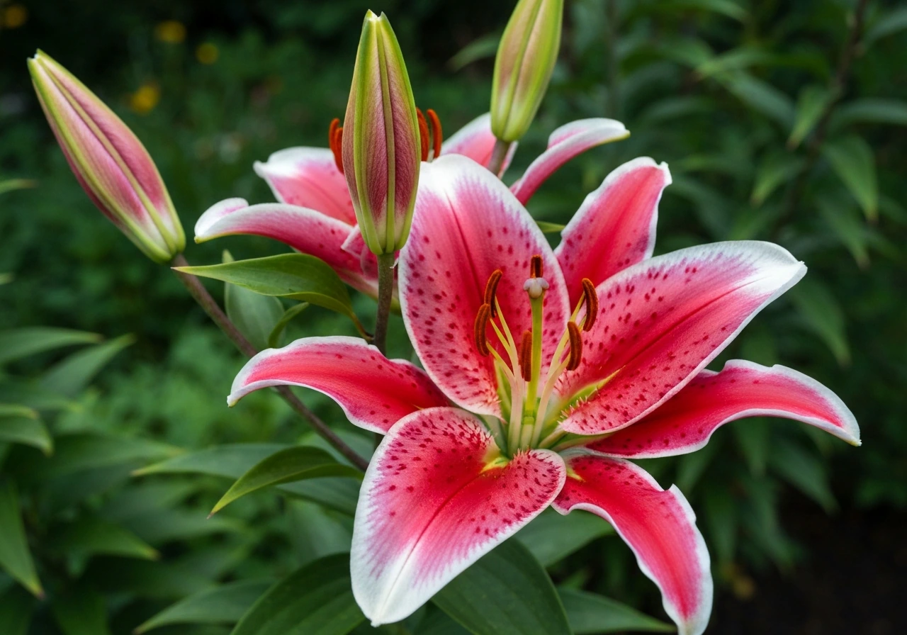 Close-up of red and pink Stargazer lily blooms with white starburst markings in a garden