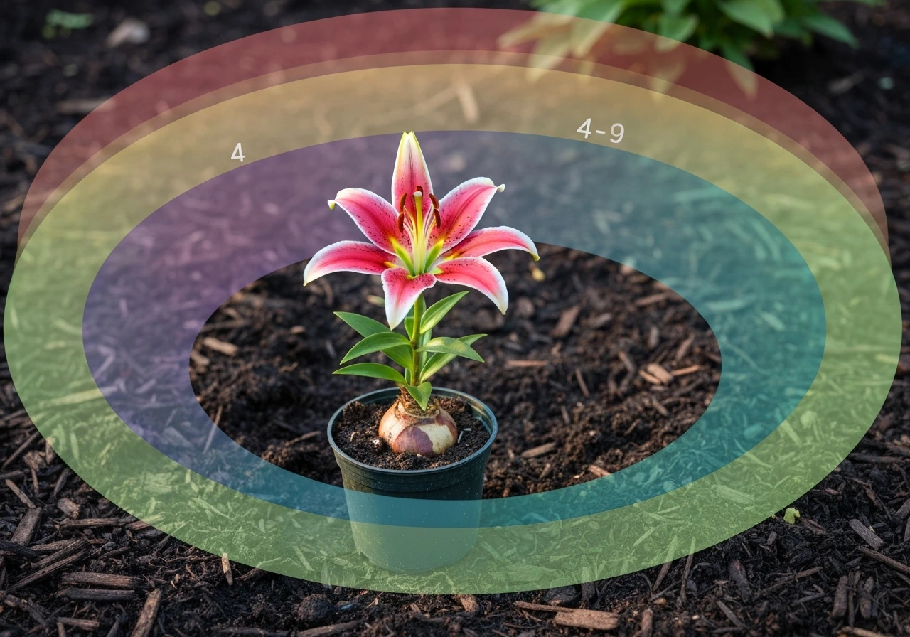Close-up of a Stargazer lily in mulch with subtle abstract colored rings implying hardiness zones.
