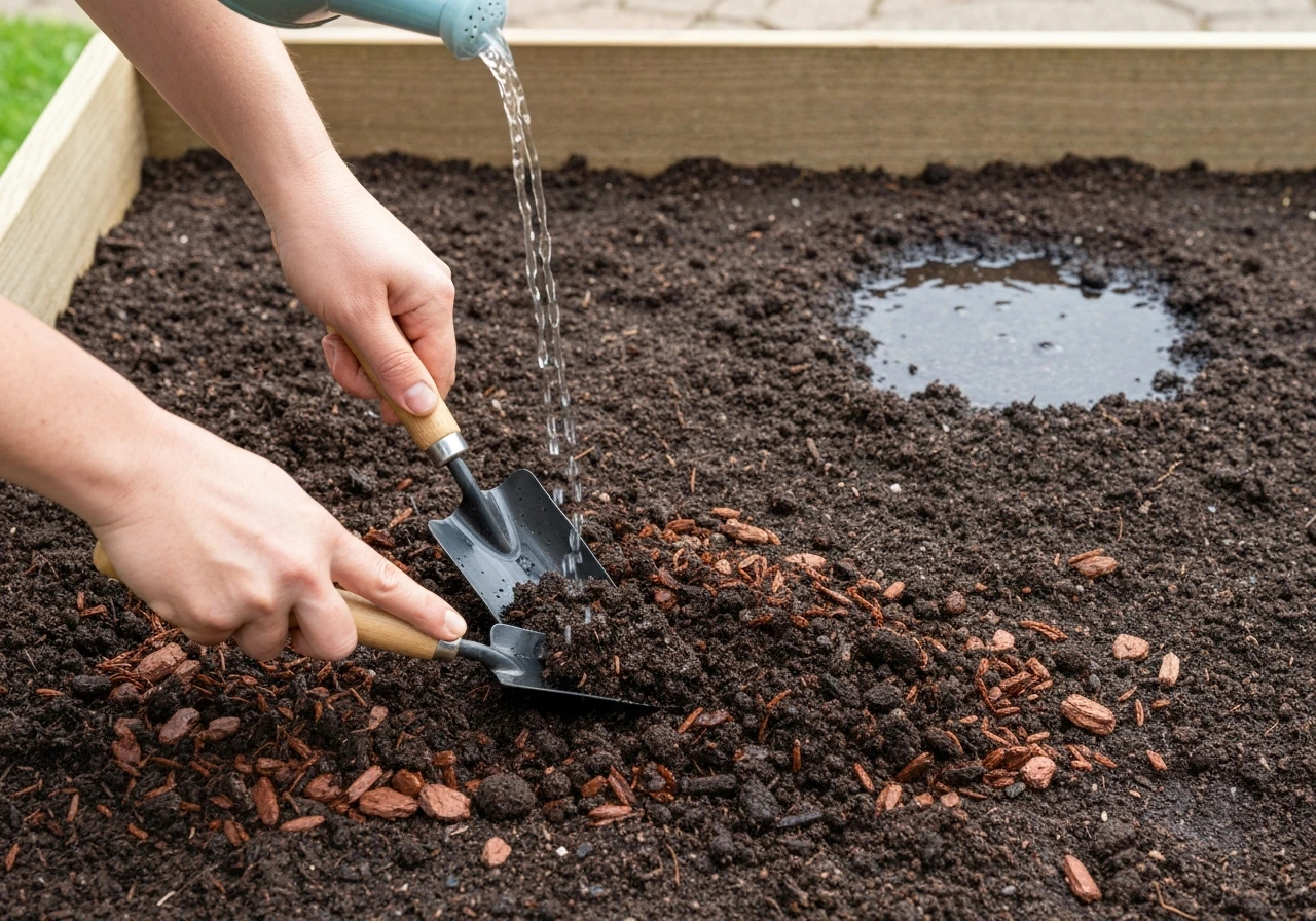 Gardener mixes compost and pine bark in a raised bed while pouring water to show fast drainage vs pooling.
