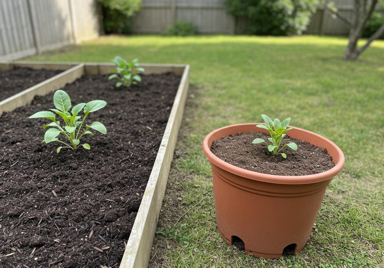 Raised garden bed with mulch beside a large potted plant with drainage holes, showing in-ground vs container planting.