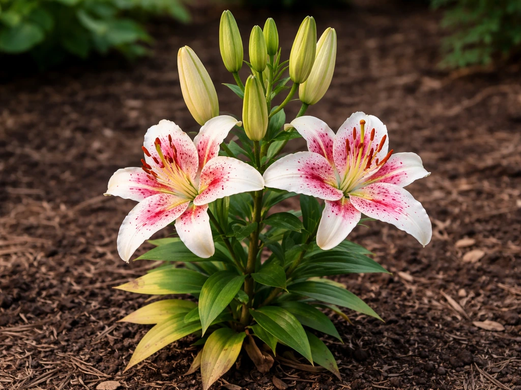 Stargazer lily stems with buds and summer blooms, with a few leaves yellowing after flowering