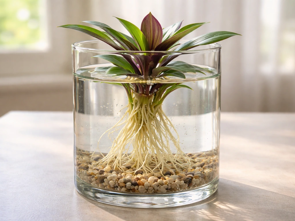 Boat lily-like plant in a clear container of water with visible roots and lily-like leaves