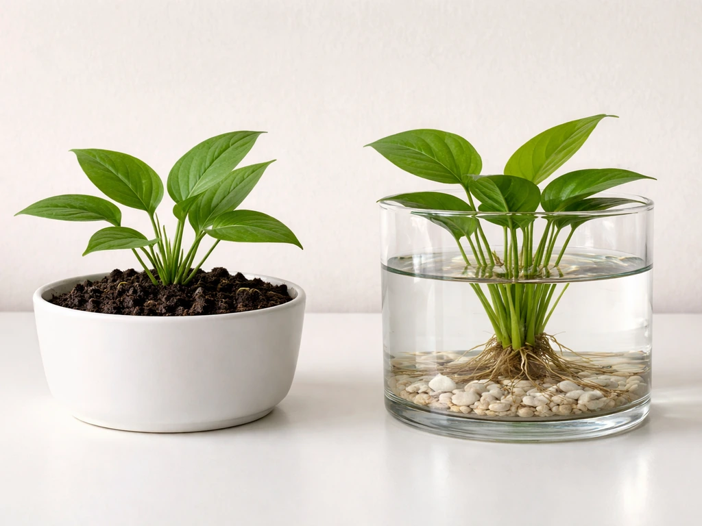 Split view of a non-submerged houseplant in dry soil next to an aquatic plant rooted in a water-filled tank.