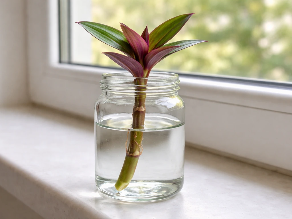 Close-up of a Tradescantia spathacea stem cutting rooting in clear jar water on a windowsill.