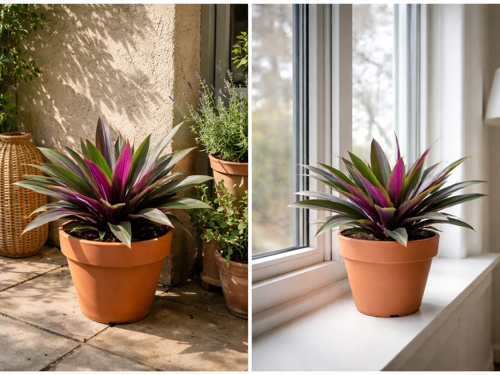 Warm outdoor terracotta pot with a trailing plant on one side, indoor window sill placement on the other.