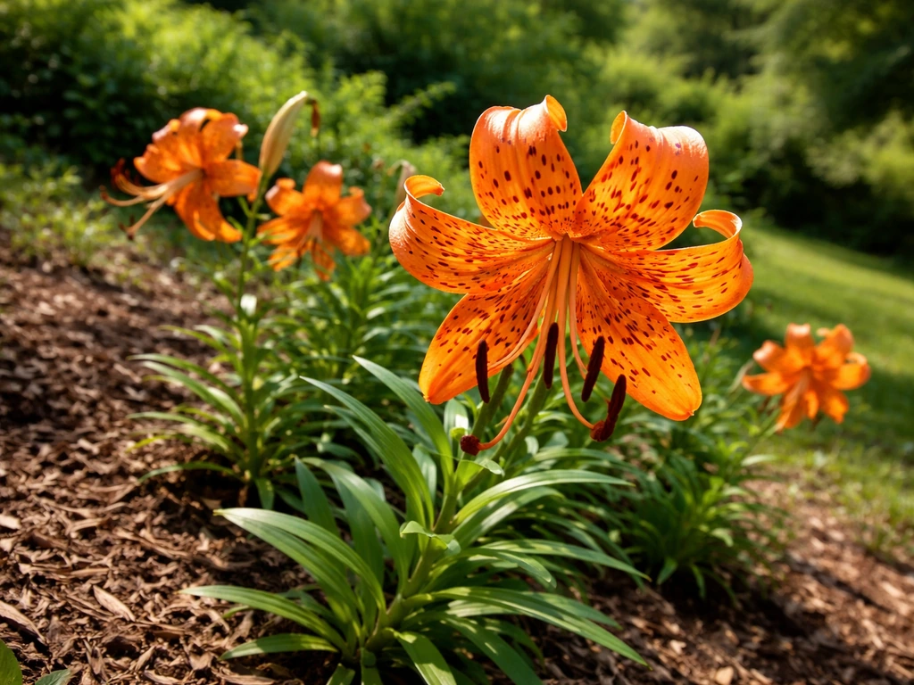 Sunlit tiger lilies with speckled orange blooms in a simple garden bed with loose, well-drained soil.