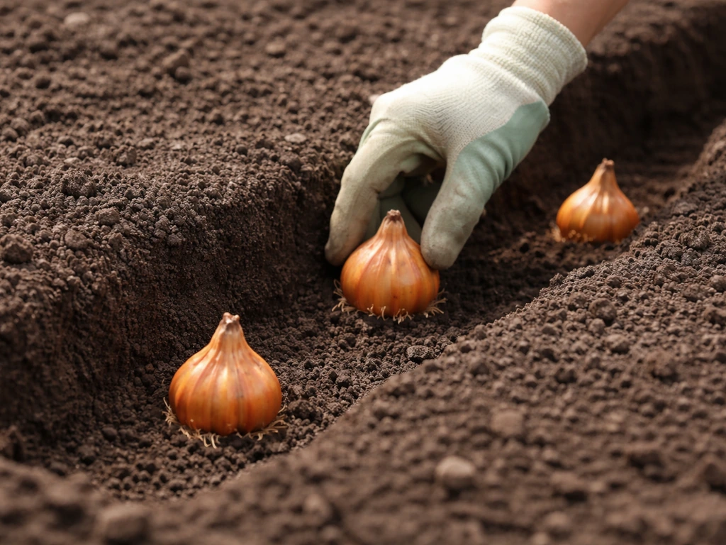 Close-up of gardener’s hand placing tiger lily bulbs in loosened soil at 5-inch depth with spacing