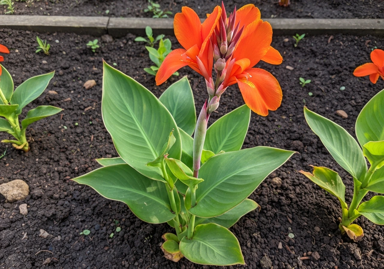Vibrant canna lily in an outdoor garden bed with bold blooms and lush green foliage.