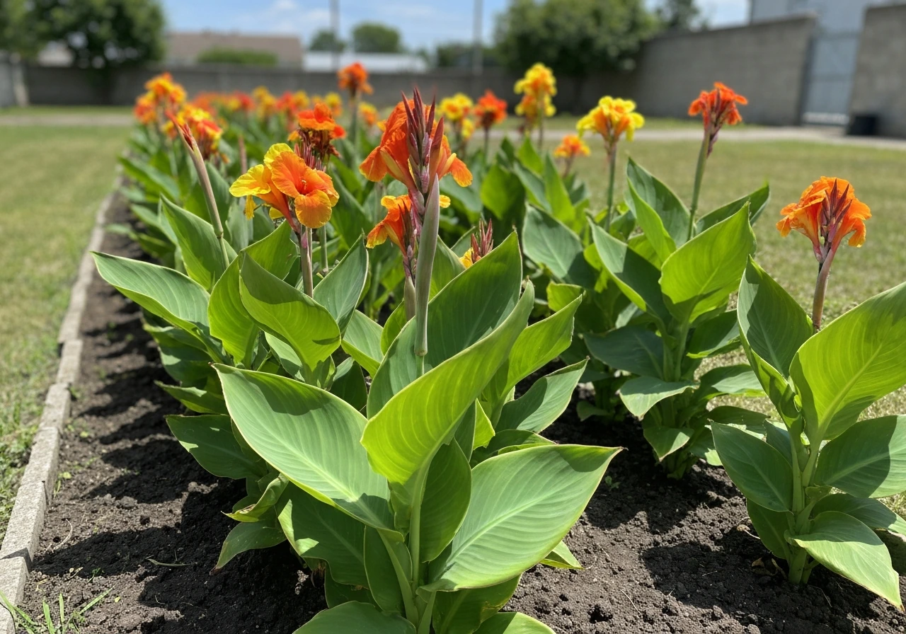 Healthy canna lilies blooming in a sunny garden bed with lush leaves and bright flowers.