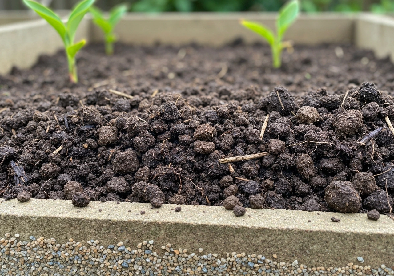 Close-up of loamy compost-amended soil in a raised bed with a visible gravel drainage layer.