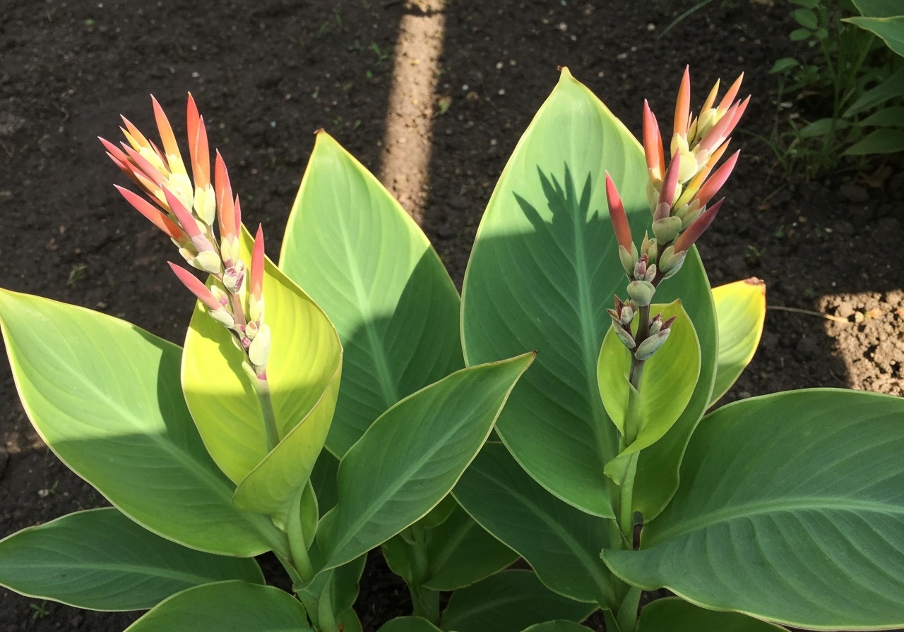 Canna lily with a nearby yellowing leaf, beside a sunny spot with healthier growth