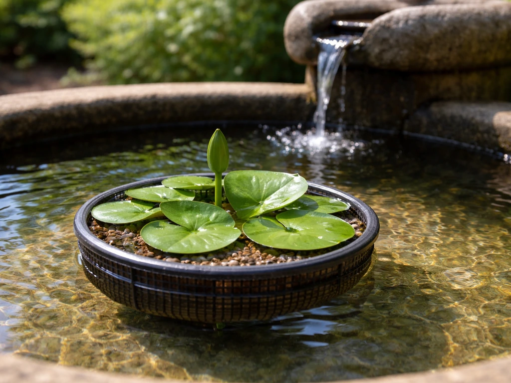 Water lily in a shallow aquatic basket inside a fountain, clear water with sunlight glinting on the surface