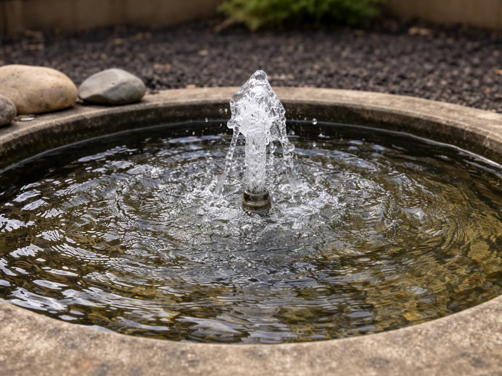 Ornamental fountain with splashing water and ripples, no water lilies or planting basket nearby.