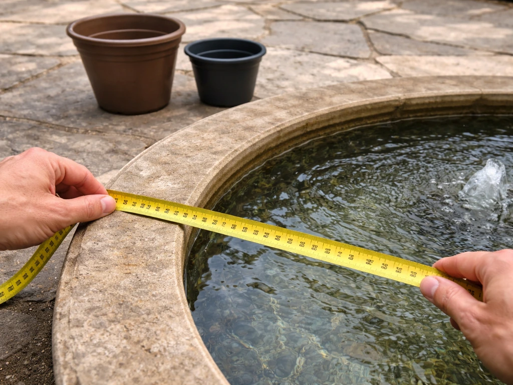 Person measuring a small fountain basin with a tape measure to plan hardy vs tropical water lilies