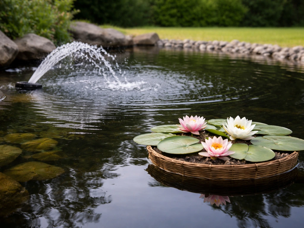 Calm lily pond with a fountain creating gentle aeration and reduced splash near water lilies