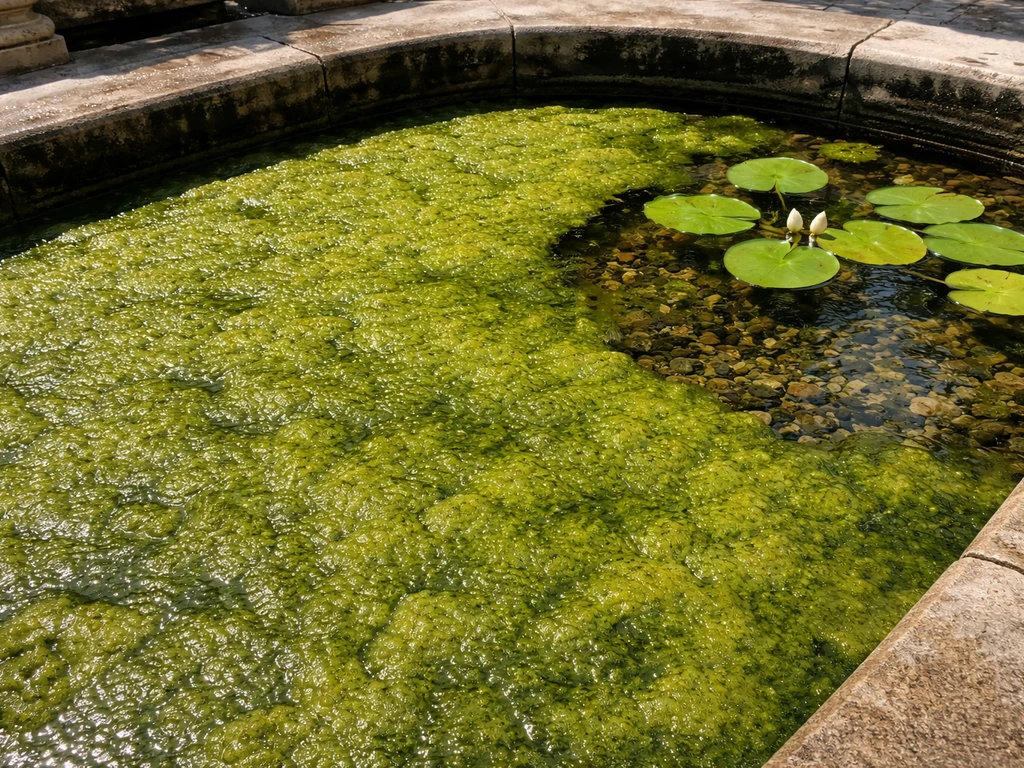 Sunny fountain basin covered in thick green algae, with a small clearer patch for water lilies