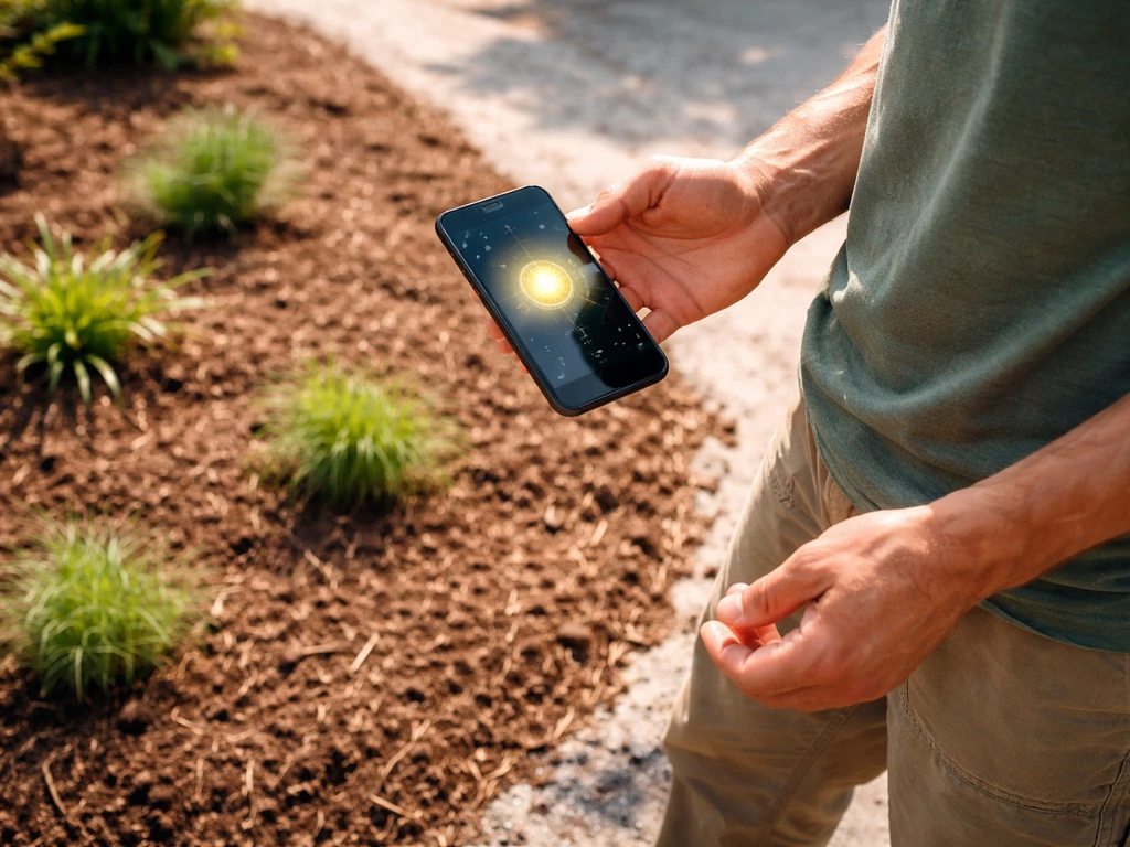 Gardener standing by a sunlit garden bed, holding a phone light timer to check direct-sun hours.
