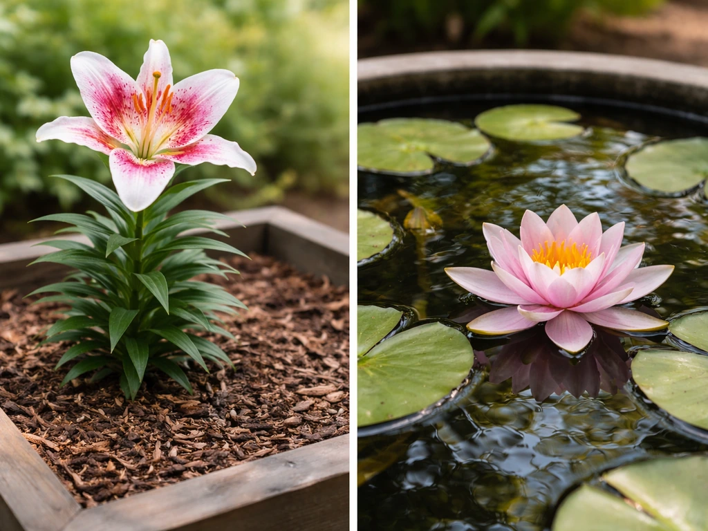 Left lily in drier raised bed; right water lily floating in still pond water.