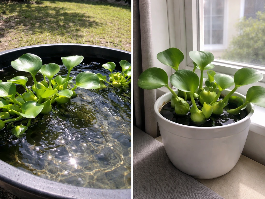 Split scene showing a sunny outdoor pond versus a dim indoor plant by a window.