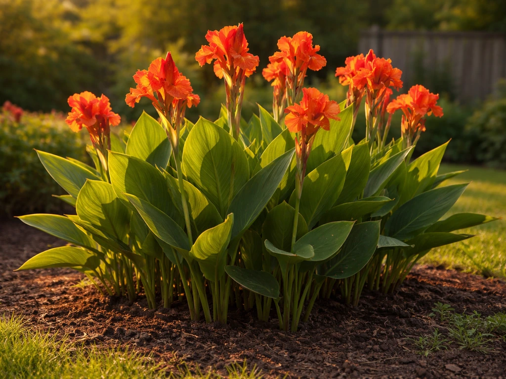 Golden-hour full-sun canna lilies in a garden bed with healthy foliage and vibrant blooms