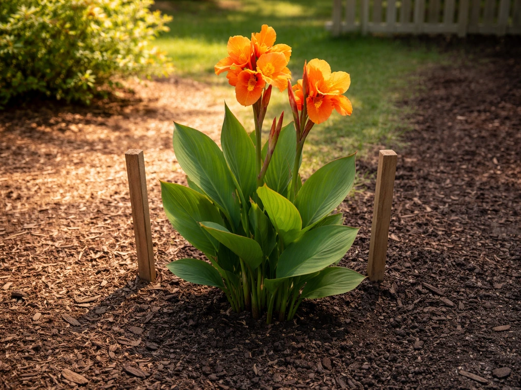 Canna lily clumps beside small garden stakes near a hardiness-zone style border, warm climate vibe