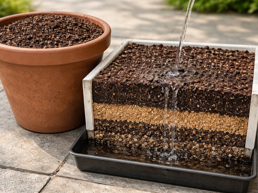 Water poured into a loamy soil bed mix showing fast drainage in a container cross-section.