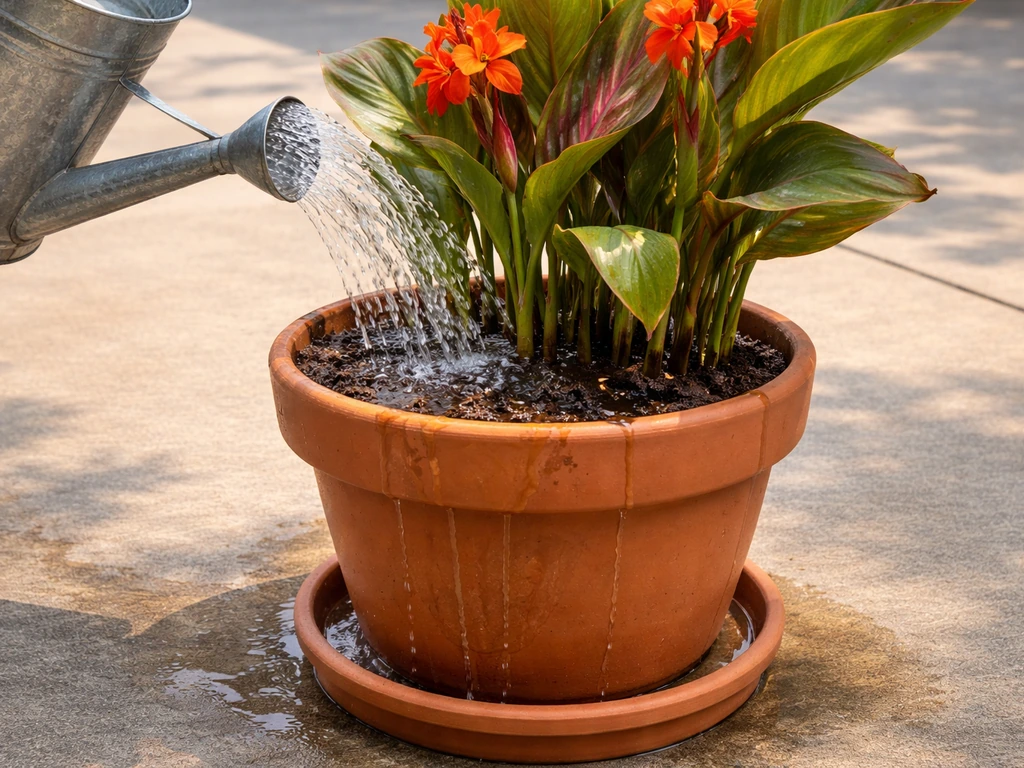Top view of potted canna being watered, with water pooling on a saucer to show fast container drainage.