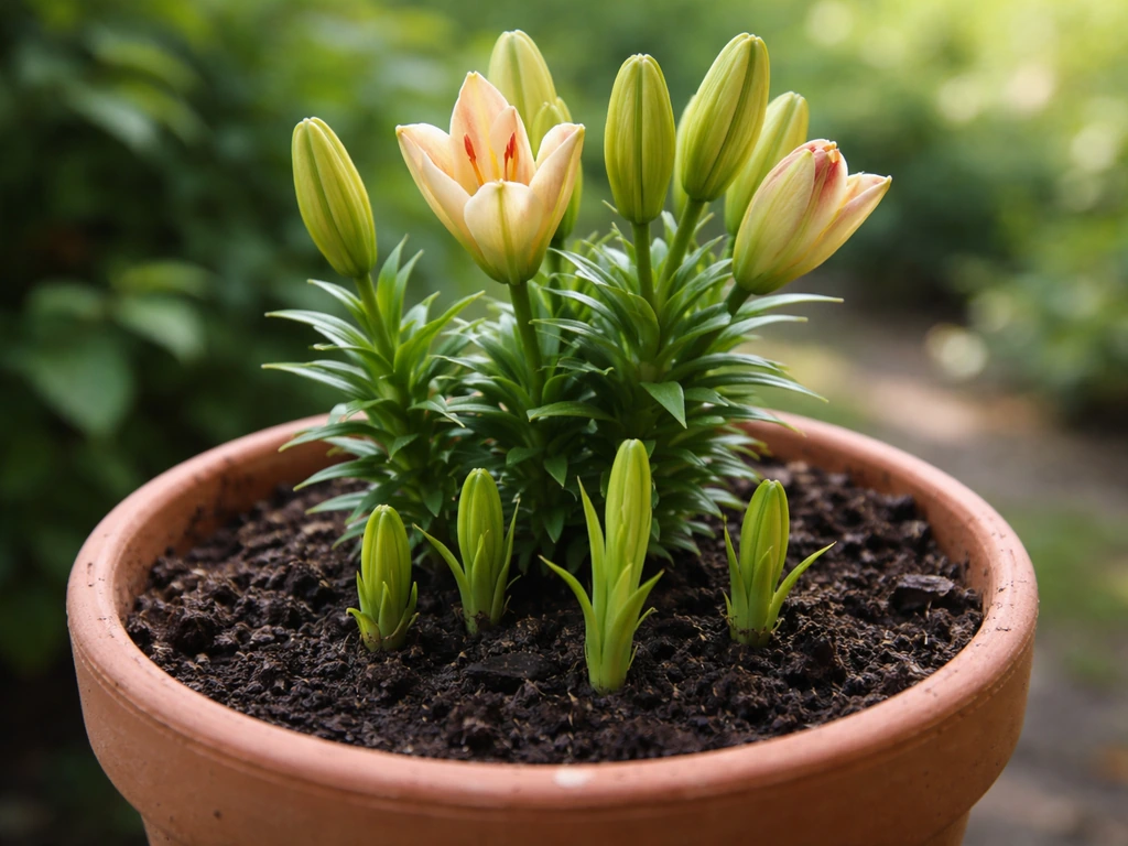 Liberty lily with fresh green shoots and budding flowers emerging from soil in a garden pot.
